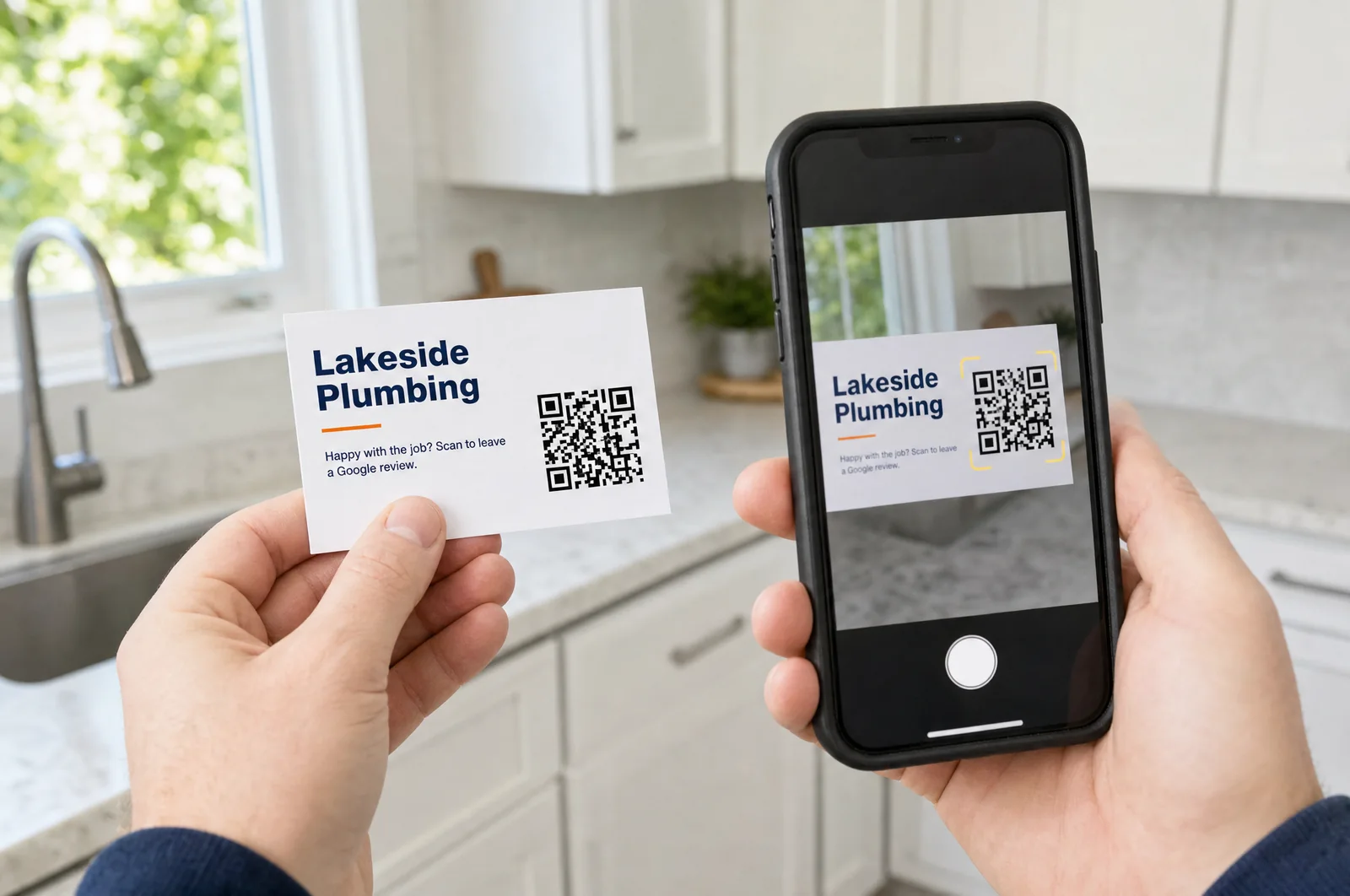 A homeowner scans the QR code on a business card with a smartphone