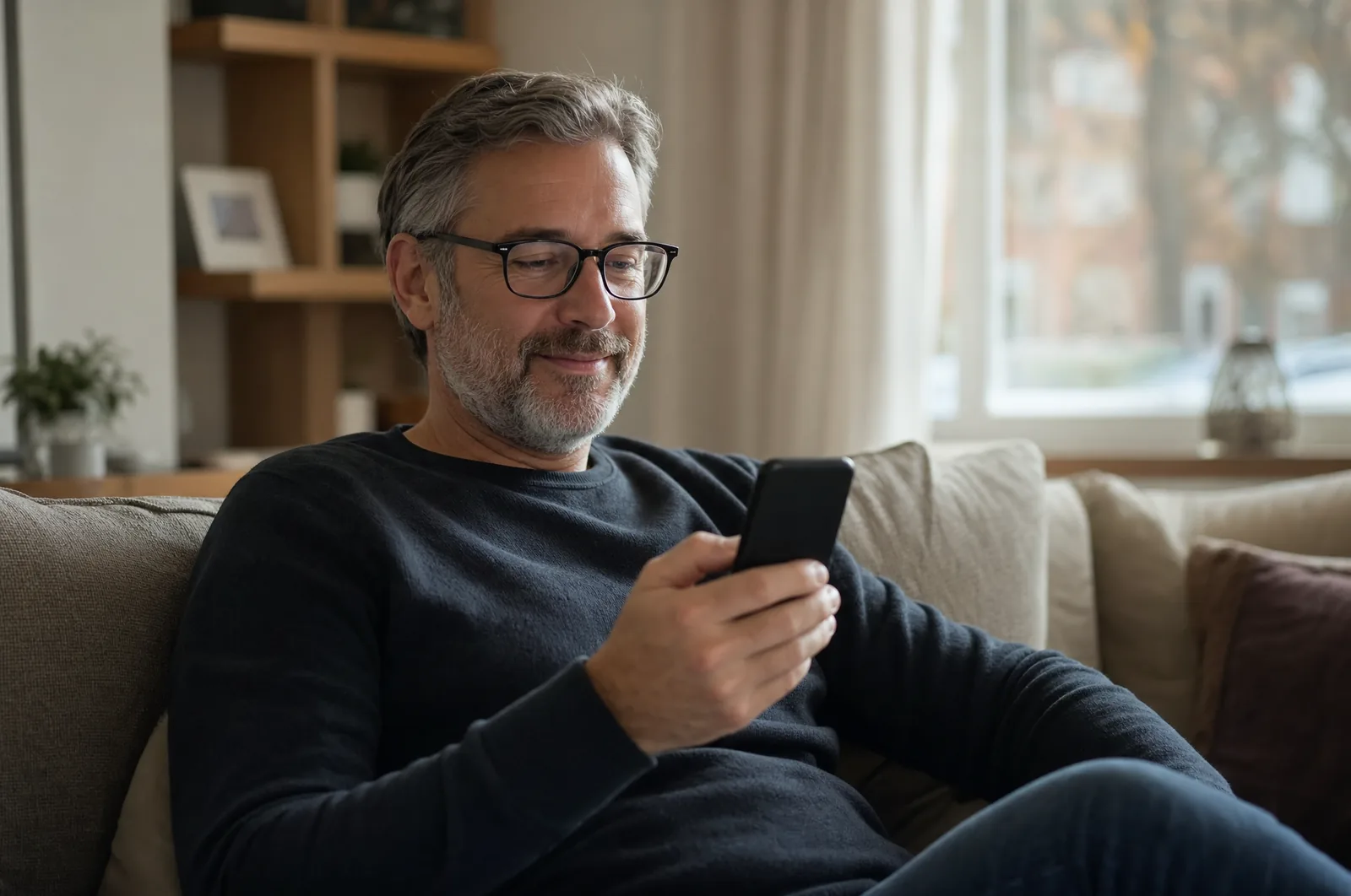 A customer on his sofa at home reads a message on his phone