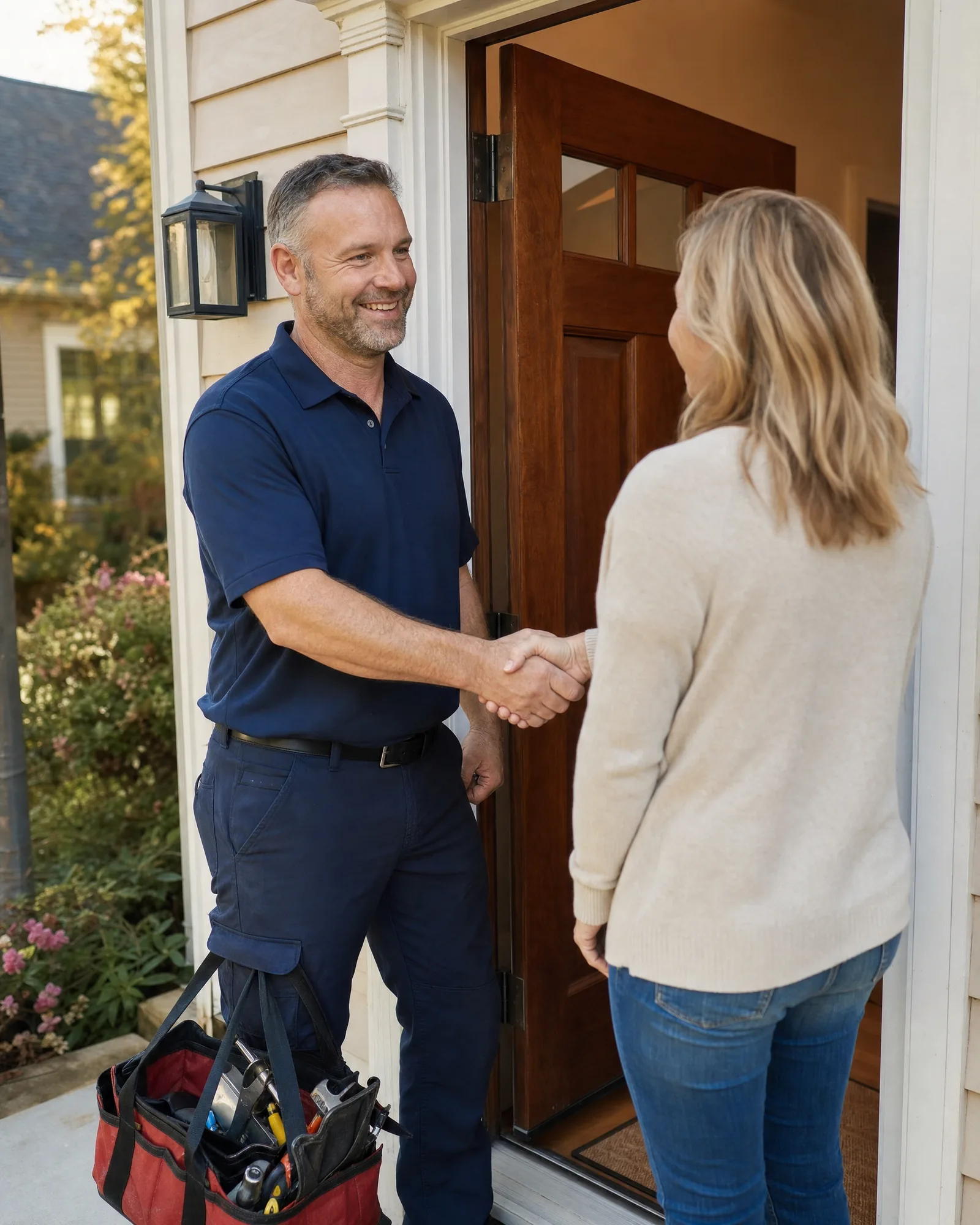 A plumber shakes hands with a homeowner at her front door after finishing the job