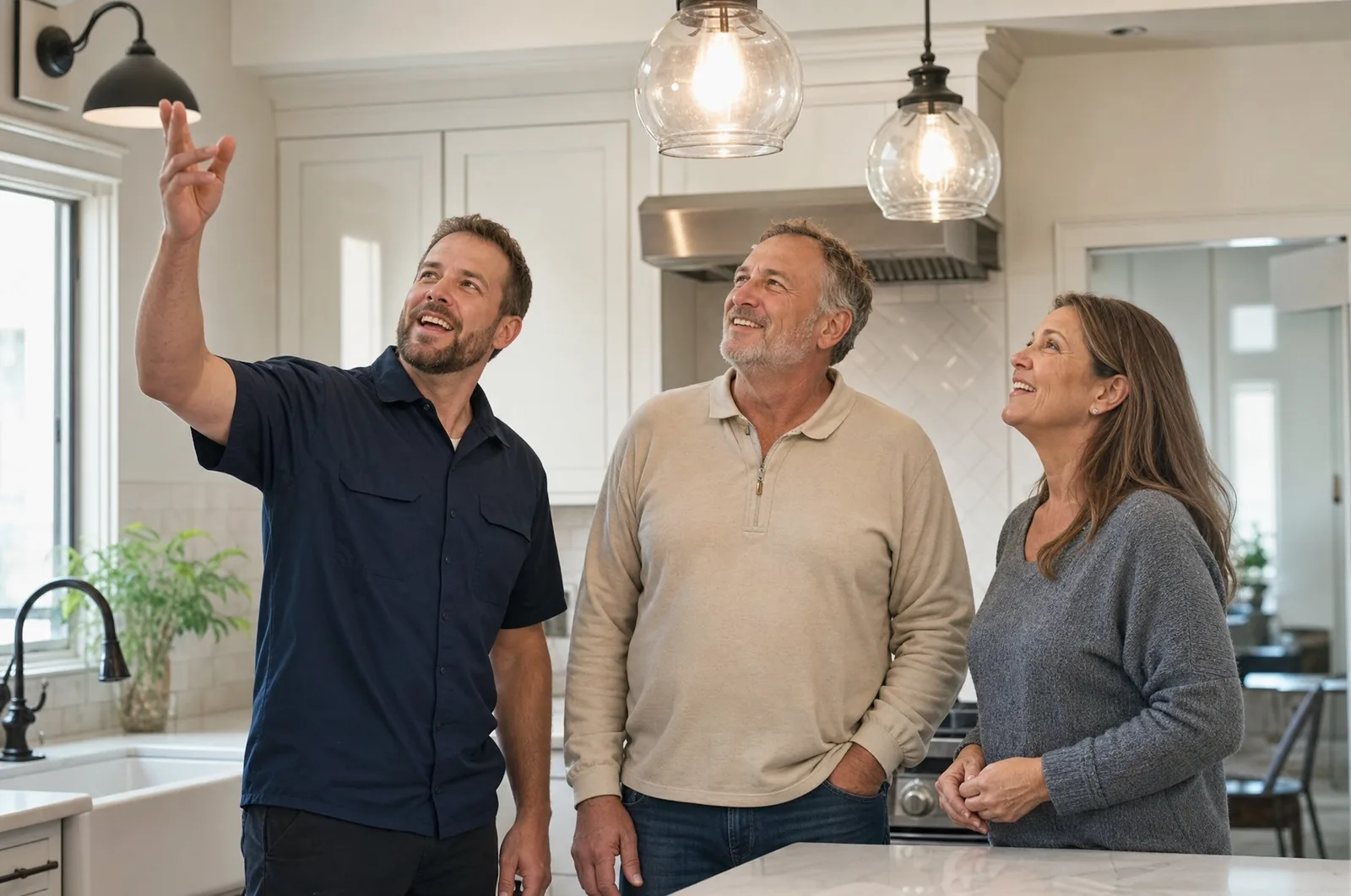 An electrician shows a couple the finished lighting in their kitchen, all three smiling