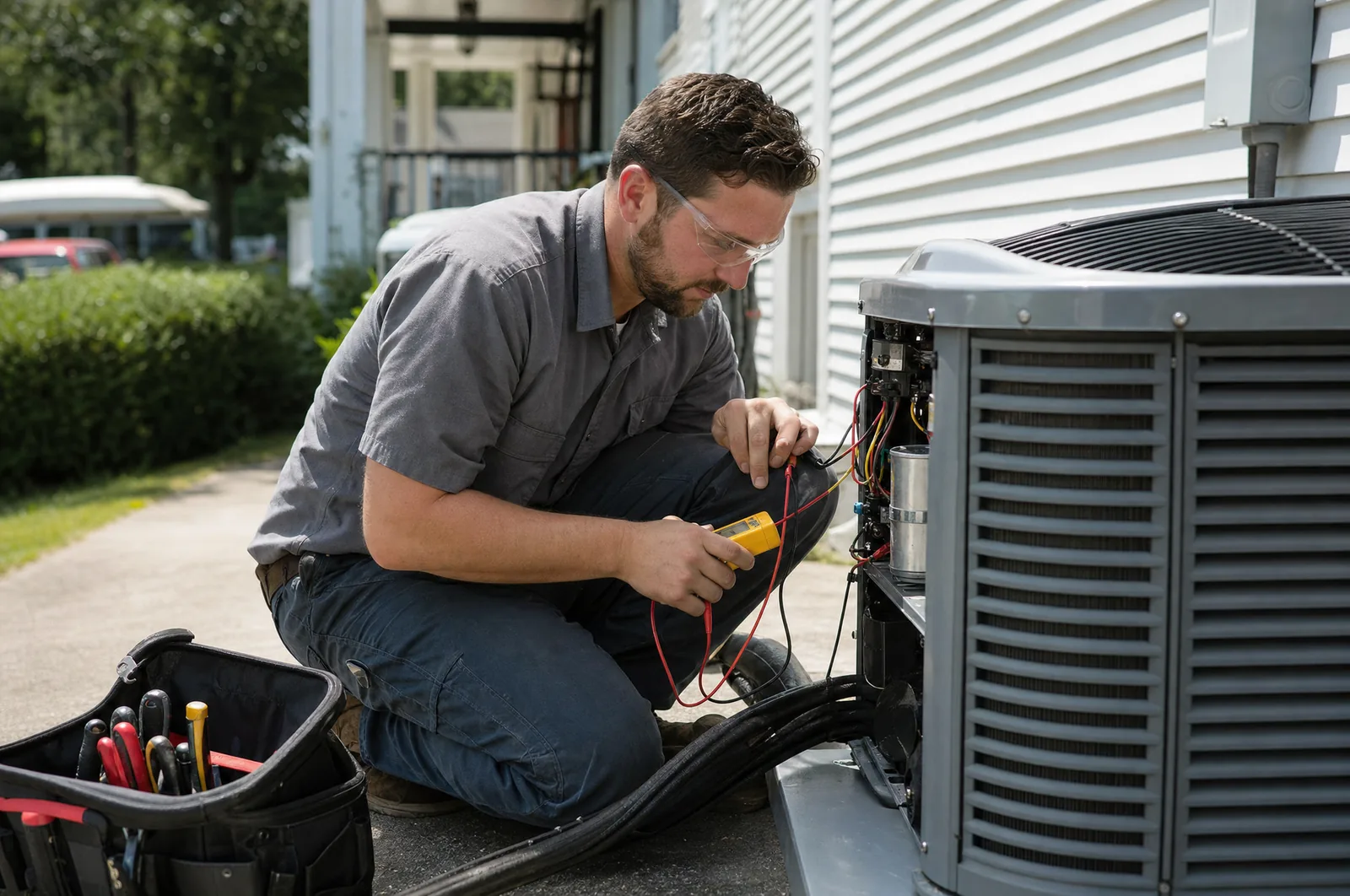 A technician kneels beside an outdoor air conditioning unit, concentrating on his work