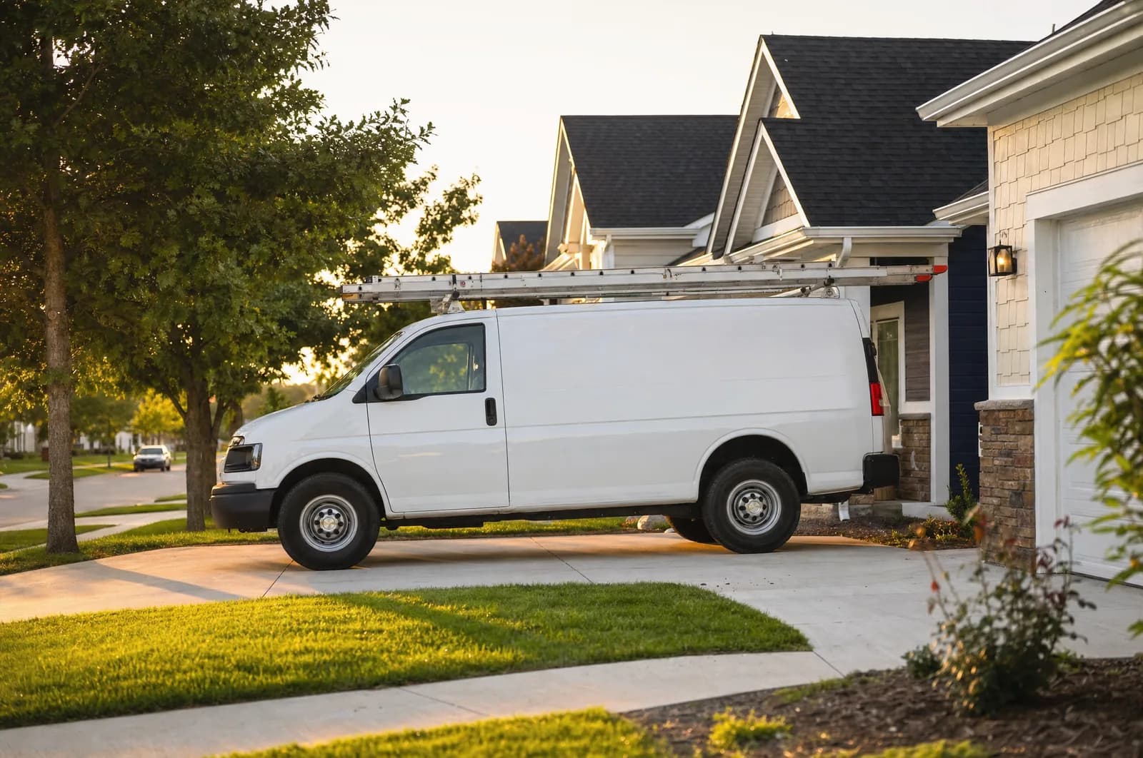 A clean white work van with a ladder on the roof, parked in the driveway of a house